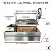 Barbecue au charbon de bois Santa Maria argentin en acier inoxydable 304, hauteur réglable de 5 à 55 cm, avec revêtement en briques réfractaires
