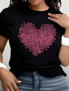 T-shirt Casual da Donna a Maniche Corte con Stampa a Cuori e Pois, Girocollo, Leggera, 100% Cotone, Primavera Estate, Alla Moda - Product Image 1