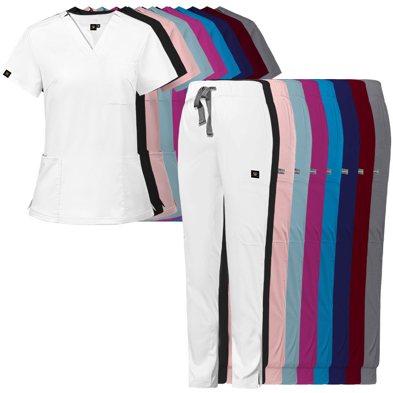 Pantalones de trabajo de cintura alta, uniformes médicos personalizados reutilizables, estilo Jogger, juegos médicos de enfermería, uniformes de hospital blancos para clínica médica