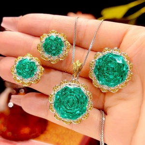 Fashion Eco-friendly 16-10mm Green Zircon Rose Gold Pendant <b>Earrings</b> Ring Set Copper Classy Jewelry Sets for Women - Product Image 3