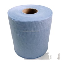 Distributeur automatique de serviettes en papier écologique, utilisant du papier recyclé bleu pour les toilettes industrielles, idéal pour sécher les mains.