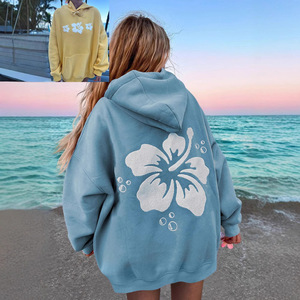 Sweat-shirt à capuche surdimensionné personnalisé pour femme, imprimé floral, 100% coton, logo sur le devant, décontracté, plage, streetwear - Product Image 5