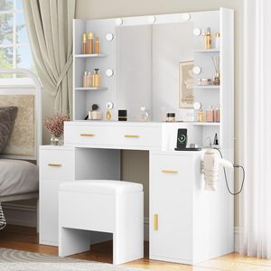 <span class=keywords><strong>Tocador</strong></span> Moderno Minimalista <span class=keywords><strong>Blanco</strong></span> con Panel de Madera, Espejo LED, Cajones de Almacenamiento y <span class=keywords><strong>Taburete</strong></span> <span class=keywords><strong>para</strong></span> Maquillaje, Ideal <span class=keywords><strong>para</strong></span> Apartamentos Pequeños - Product Image 2