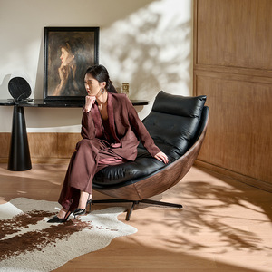 Fauteuil inclinable moderne en cuir pivotant pour salon, siège individuel avec dossier réglable et structure en bois - Product Image 3