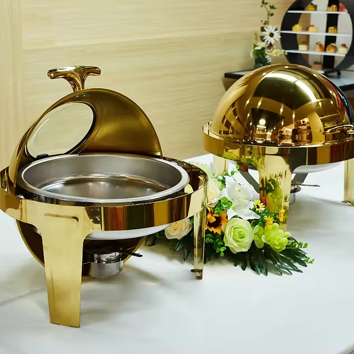 Luxury Decorative Chafing Dish 6.0L Large Capacity Roll Top Chafing Dish Silver and Gold Color Saving Dish Chafing Food Warmer