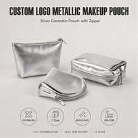 Sac de maquillage OEM ODM en gros, 3 formes, en cuir PU argenté, pochette cosmétique, logo personnalisé, étui de maquillage, organiseur de voyage pour articles de toilette