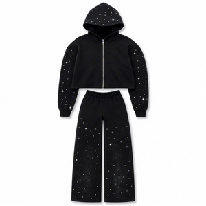 Custom unisex Black Rhinestone Cropped Zip Up Hoodie Wide Leg Tracksuit Set <b>Sparkle</b> Fleece <b>Jacket</b> Wide Leg Pants Outfit - Product Image 6