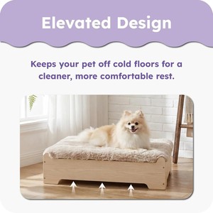 Lit surélevé pour chien avec coussin en peluche doux, base en bois robuste, housse lavable en machine, dos antidérapant à pois pour une utilisation en intérieur - Product Image 2