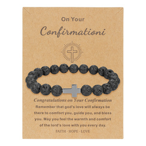 Cross Natural Stone <b>Beaded</b> <b>Bracelet</b> Set Black Volcanic Stone Cross Accent Unisex Jewelry Confirmation Gift - Product Image 5