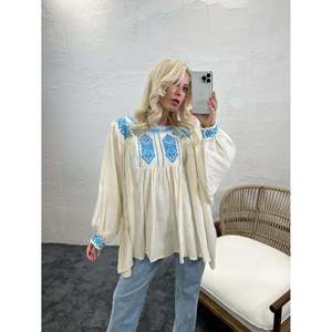 Camisa de Lino Bohemia Bordada para Mujer, Azul, Uso Diario, Transpirable, Manga Larga - Product Image 5