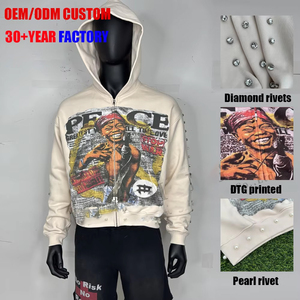 High Quality 500Gsm Full-Zip Hoodie Custom Designer Streetwear Distressed Rhinestone Pearl Dtg Print Hoodie for Man