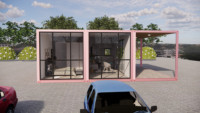 Maison préfabriquée moderne de luxe avec une chambre, une salle de bain, une cuisine, maison conteneur rose
