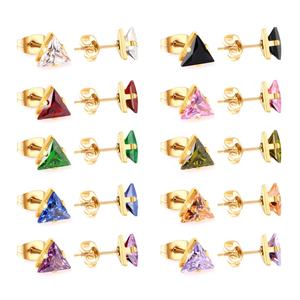 Pendientes de tuerca clásicos y modernos de acero inoxidable con baño de oro de 14K, con circonita cúbica triangular de colores, para mujer - Product Image 3