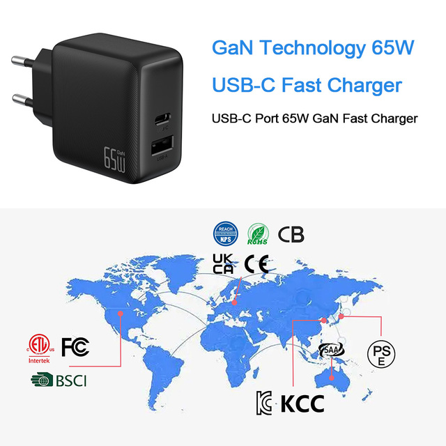 65W GaN Fast Charger USB-C PD USB-A QC 5V/3A Smart Watch Mobile Phone Compact Foldable Wall Adapter for Travel