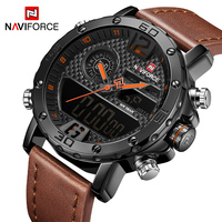 Montre sport pour homme NAVIFORCE NF9134 en cuir, quartz, LED, numérique, étanche, chronographe multifonction