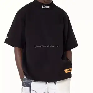 Nakış logosu yüksek boyun markalı büyük boy T-shirt Homme Camisetas Algodon Mock boyun düz siyah pamuk tişörtleri cep