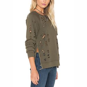 Black Olive Women Ripped Plain <b>T</b>-<b>shirts</b> Ladies Zipped Distressed Blank Tshirt Clothing Factories in China Wholesale Uk - Product Image 5