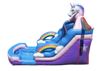 Toboggan aquatique gonflable commercial sur le thème de la licorne avec piscine à jets d'eau pour enfants, équipement de jeu aquatique pour fêtes en plein air dans la cour