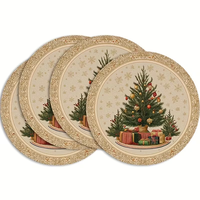 Assiettes de présentation en bois, lot de 4, rondes, vintage, motif sapin de Noël 2D avec flocon de neige doré