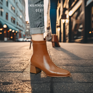 Bottines à talon haut pour femmes, automne/hiver, semelle en caoutchouc solide, talon épais de 5,5 cm, fermeture éclair arrière, bout carré - Product Image 2