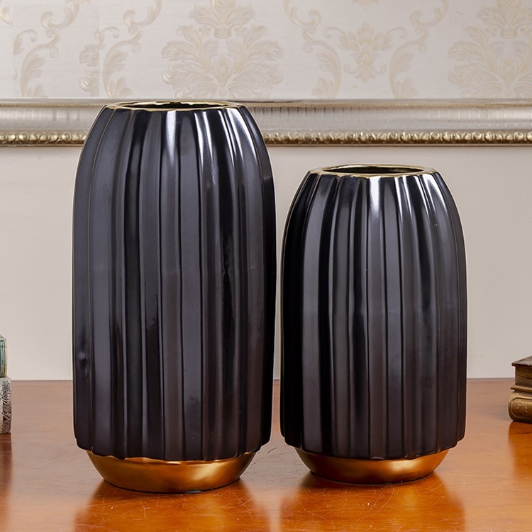 Modern minimalist living room tabletop art decoration striped round black white ceramic vase