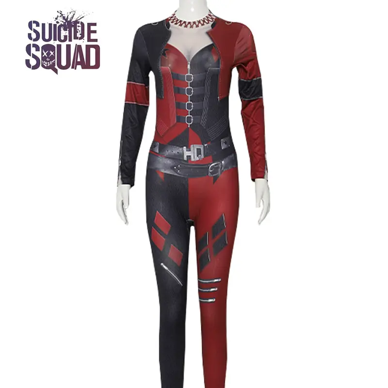 Süper kahraman Harley Quinn seksi ince tulum Cosplay Cosplay kostümleri Zentai kadınlar Bodysuit süslü elbise cadılar bayramı