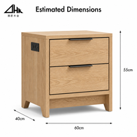 Table de chevet en chêne avec port de charge USB, deux tiroirs à fermeture douce et base sur socle pour chambre à coucher, hôtel, emballage plat