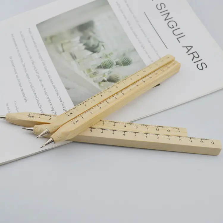 Cheap eco friendly 100% Wood Ballpoint Pen with Ruler Natural wooden Stationary school student office Writing
