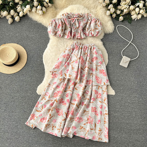 2024 nouveau été plage vacances femmes Sexy <span class=keywords><strong>jupe</strong></span> florale costumes Sexy hors épaule bustier tubulaire et gâteau <span class=keywords><strong>longue</strong></span> <span class=keywords><strong>jupe</strong></span> deux pièces ensemble - Product Image 5