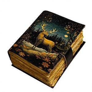 NEW ERA Journal à couverture rigide en cuir de cerf, Grimoire fait main, Papier à bords frangés cousu, 100 feuilles, Impression UV, Sorcellerie vintage - Product Image 1
