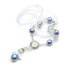 Bracelet chapelet en cristal, perles bleues et blanches, ailes d'ange, croix, bijoux religieux unisexes - Product Image 3