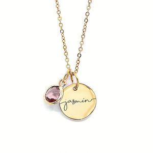 Collier personnalisé YBcustom avec nom gravé, en acier inoxydable, zircon, chaîne tendance, breloque ronde gravée, plaqué or 18 carats - Product Image 1