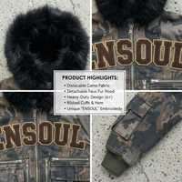 Blouson Bomber Matelassé Homme Oversize Décontracté à Capuche en Fausse Fourrure avec Broderie Camouflage Personnalisée et Poches Cargo