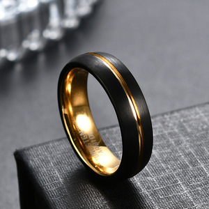 Anillo de Acero de Tungsteno Negro y Dorado de 6 mm, Anillo de Boda Unisex, Diseño Geométrico, Joyería - Product Image 1