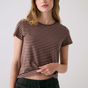 T-shirt rayé marron et rose pour femme, col rond, manches courtes, coupe ajustée, en jersey extensible, décontracté, basique, vente en gros OEM/ODM - Product Image 1