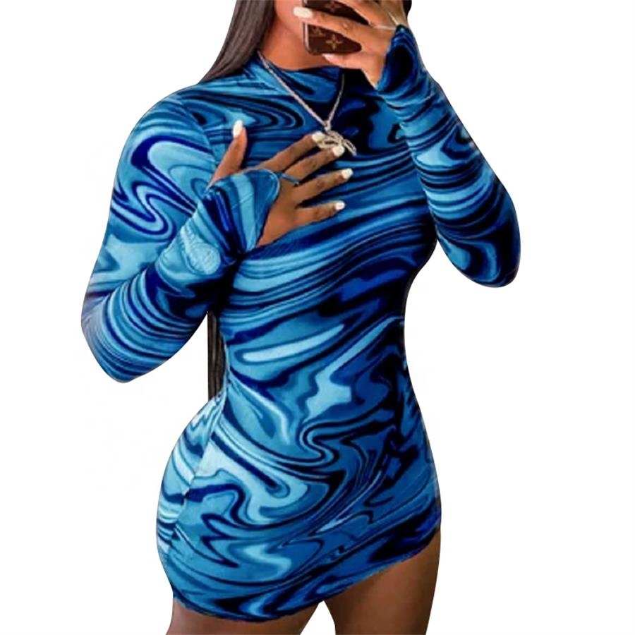 Vestido corto ajustado informal de manga larga para mujer, minivestido Sexy con estampado a la moda, cuello falso, 2022