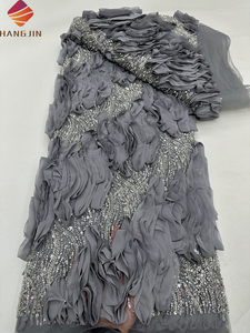 Sang Trọng 3D Hoa Thêu Cô Dâu Ren Vải Màu Xanh Hải Quân Đính Cườm Pháp Sequined Vải Tuyn Ren Vải Cho Đảng Evening Dresses - Product Image 5