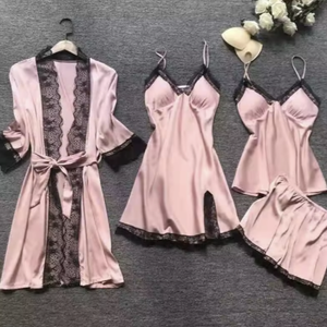 Vêtement de nuit en satin de haute qualité en gros, ensemble de vêtements de nuit pour femmes en 4 pièces, ensemble de lingerie, vêtement de nuit en soie - Product Image 1