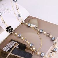 Collier long vintage en alliage émaillé avec fleur double face et strass, style coréen, perles françaises
