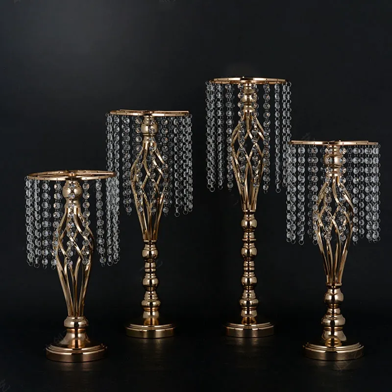HJ230007 Luckygoods, candelabro de gran oferta, centro de mesa, soporte de flores con cuentas de cristal dorado para centros de mesa de boda