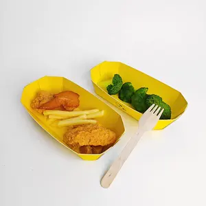 High Quality Wholesale Kraft Food Box Paper Tray Packaging Take Away Fried Chicken Chips Boat Shape Tray