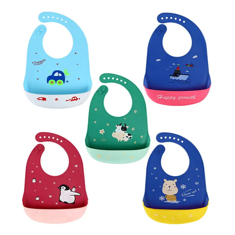 Cute Cartoon Baby Bibs Waterproof Silicone Custom Brand BPA Free Kids Girl Boy Feeding Bibs Ajustável Silicone Bibs