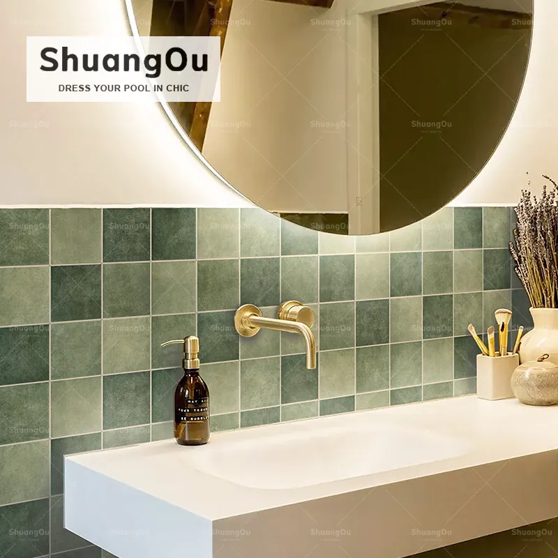 Shuangou seramik endonezya yeşil mozaik banyo çini otel duş duvar mutfak Backsplash çini mozaik