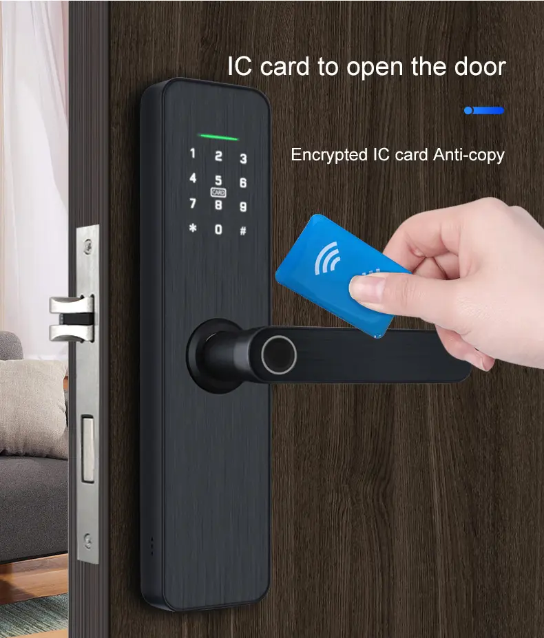 स्मार्ट होम आवासीय दरवाज़ा लॉक तुया वाईफ़ाई कुंजी कार्ड पासवर्ड क्लाउड डेटा भंडारण विकल्पों के साथ संचालित लकड़ी स्टील पीतल के दरवाजे