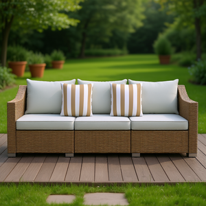 Canapé d'extérieur en rotin 3 places avec coussins gris clair, mobilier de patio contemporain résistant aux UV en osier PE - Product Image 2