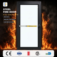 Porte en acier et verre coupe-feu à battant unique, vision intégrale, avec barre anti-panique, pour entrée de café ou vitrine, sortie de secours, finition noir mat contemporain