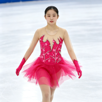 Robe de patinage artistique rose vif avec strass, manches longues en maille et jupe en tulle pour enfants et adultes, pour compétition et spectacle