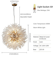 Lustre en cristal LED doré JACKSUN, grand modèle, pissenlit, 16 lumières, luminaire suspendu en forme de feux d'artifice pour couloir, salon, chambre à coucher