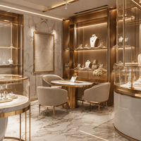 Vitrine à bijoux incurvée sur mesure BRUTALIST avec éclairage LED, design écologique et durable, aménagement complet pour magasin de détail de luxe
