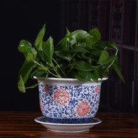 ZHUODI ZD-FP003 Pot Bunga Vintage Keramik Porselen Biru Putih Ramah Lingkungan Tahan Lama Ringan dengan Lubang Drainase dan Sistem Penyiraman Otomatis